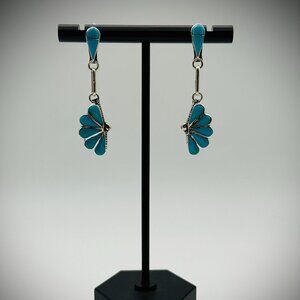 Zuni Turquoise Inlay Dangle Earrings – Sterling, 1.75", etched “Zuni / RVN”